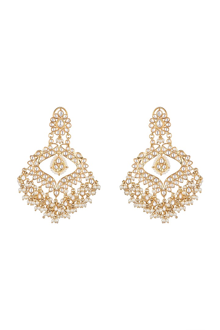Gold Finish Kundan Long Chandbali Earrings by Moh-Maya by Disha Khatri