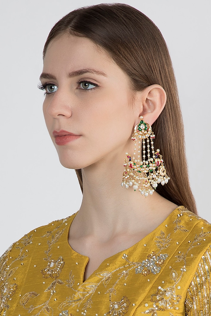Gold Finish Pearls & Stone Chandbali Earrings by Moh-Maya by Disha Khatri