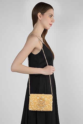 Golden Chikankari Embroidered Clutch by Moh-Maya by Disha Khatri