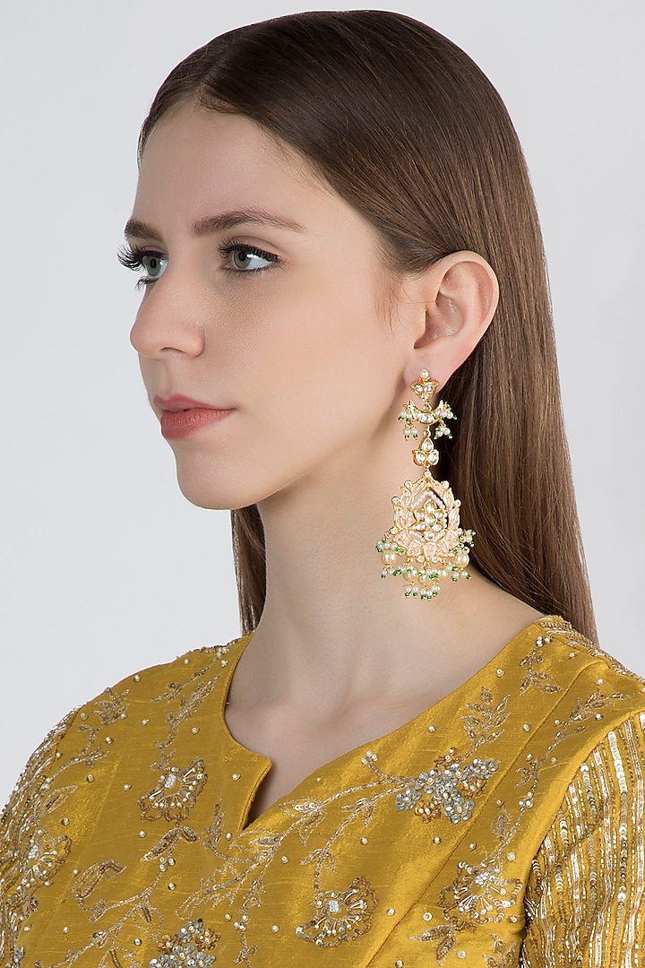 Gold Finish Meenakari Pearl Long Earrings by Moh-Maya by Disha Khatri