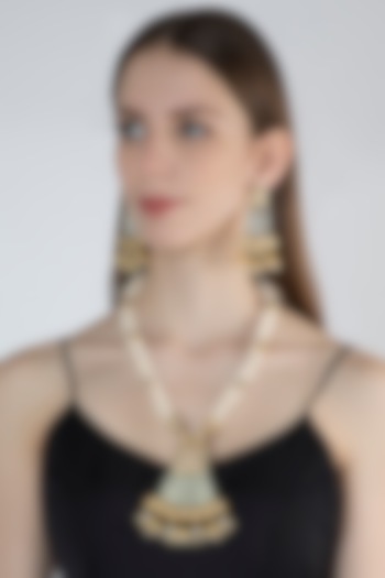 Gold Finish Kundan & Pearls Long Necklace Set by Moh-Maya by Disha Khatri