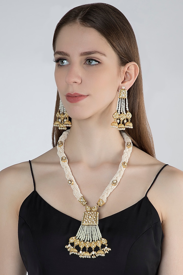 Gold Finish Kundan & Pearls Long Necklace Set by Moh-Maya by Disha Khatri