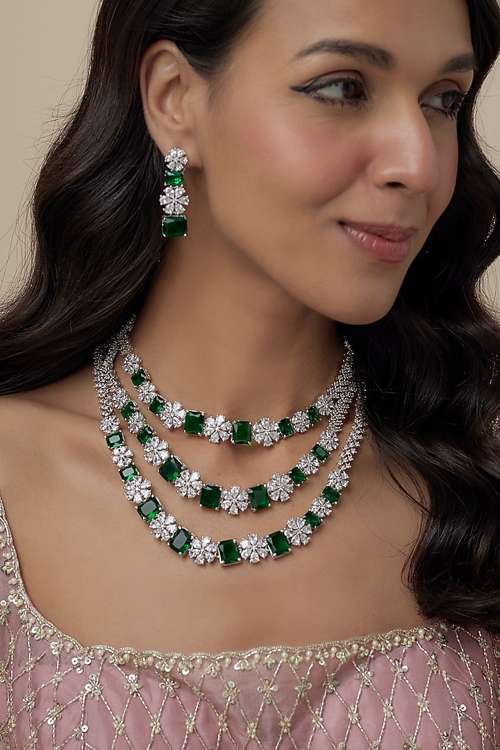 White Finish Zircon & Emerald Layered Necklace Set by Moh-Maya by Disha Khatri at Pernia's Pop Up Shop