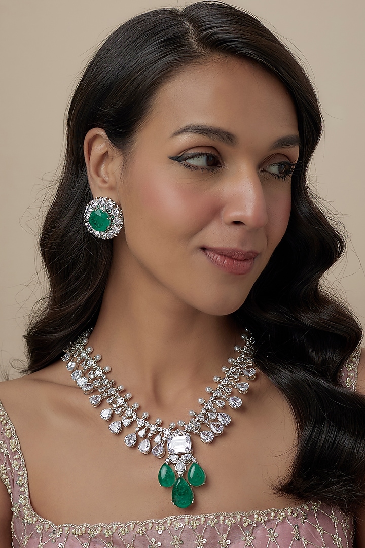 White Finish Emerald & Zircon Long Necklace Set by Moh-Maya by Disha Khatri at Pernia's Pop Up Shop