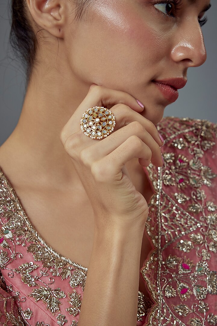 Gold Finish Mother Of Pearl Ring by Moh-Maya by Disha Khatri at Pernia's Pop Up Shop