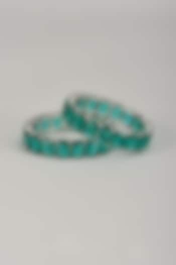 Silver Finish Emerald Square Stone Bangles (Set Of 2) by Moh-Maya by Disha Khatri at Pernia's Pop Up Shop