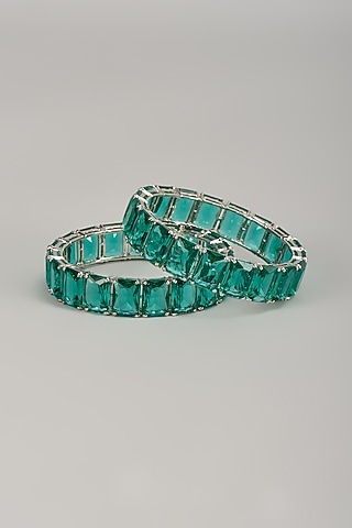 Silver Finish Emerald Square Stone Bangles (Set Of 2) by Moh-Maya by Disha Khatri