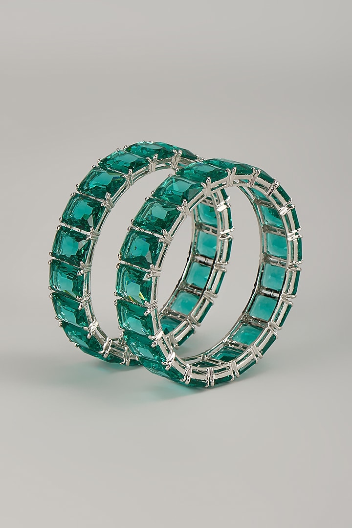 Silver Finish Emerald Square Stone Bangles (Set Of 2) by Moh-Maya by Disha Khatri at Pernia's Pop Up Shop