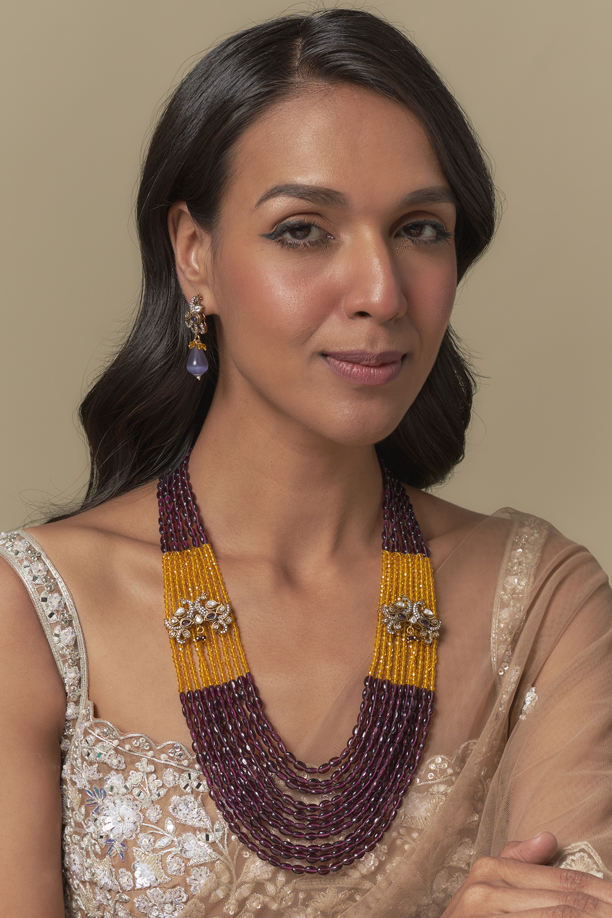 Gold Finish Ruby Beaded Long Layered Necklace Set by Moh-Maya by Disha Khatri at Pernia's Pop Up Shop