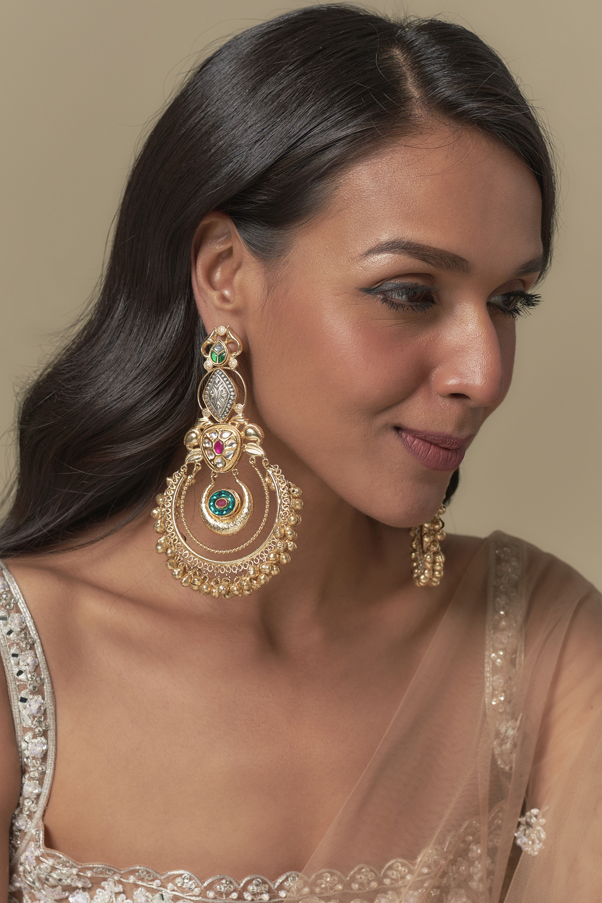 Gold Finish Emerald & Ruby Stone Dangler Earrings by Moh-Maya by Disha Khatri at Pernia's Pop Up Shop