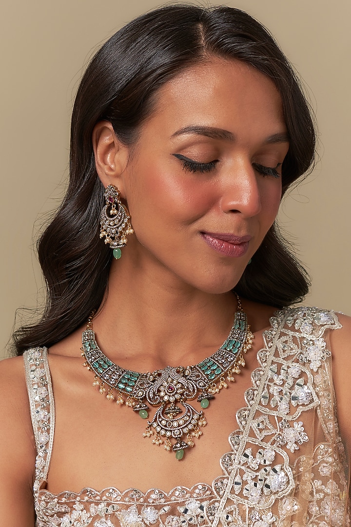 Black Rhodium Finish Turquoise Stone & Pearl Beaded Necklace Set by Moh-Maya by Disha Khatri at Pernia's Pop Up Shop