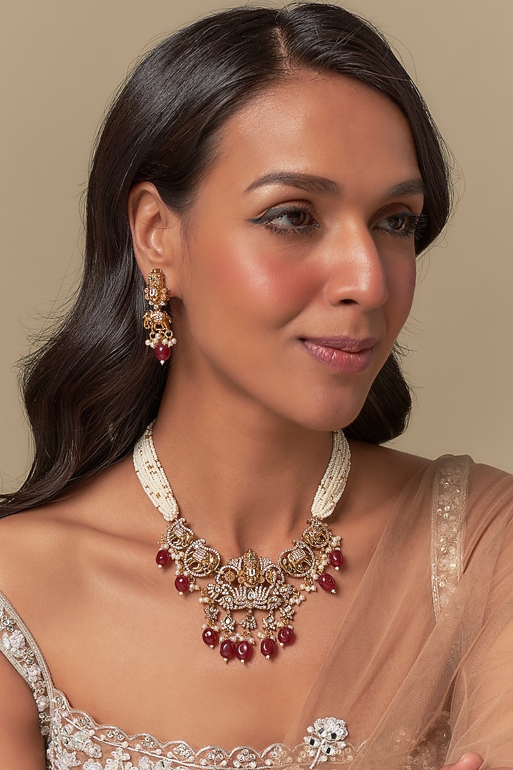 Gold Finish Ruby Stone & Moissanite Long Necklace Set by Moh-Maya by Disha Khatri at Pernia's Pop Up Shop