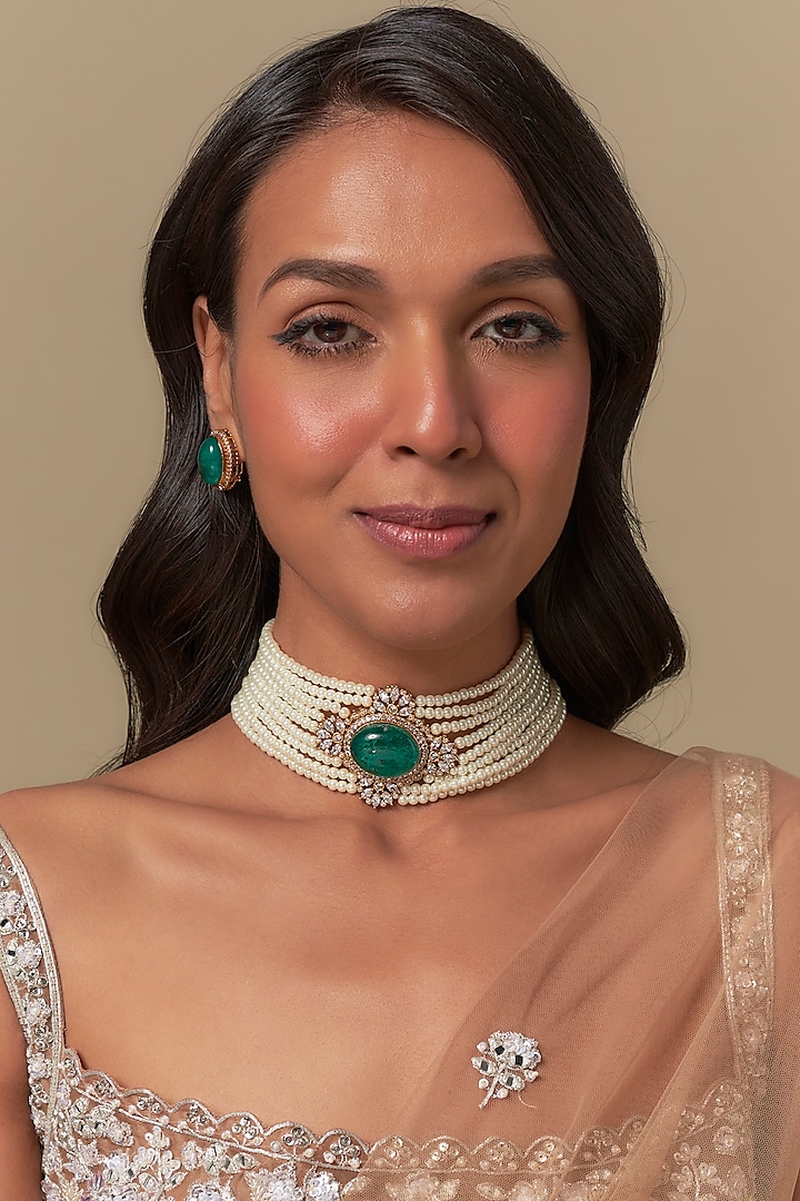 Gold Finish Emerald Stone & Pearl Choker Necklace Set by Moh-Maya by Disha Khatri at Pernia's Pop Up Shop