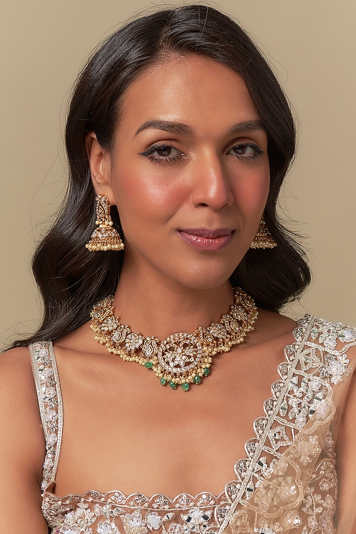 Gold Finish Moissanite & Pearl Beaded Choker Necklace Set by Moh-Maya by Disha Khatri at Pernia's Pop Up Shop