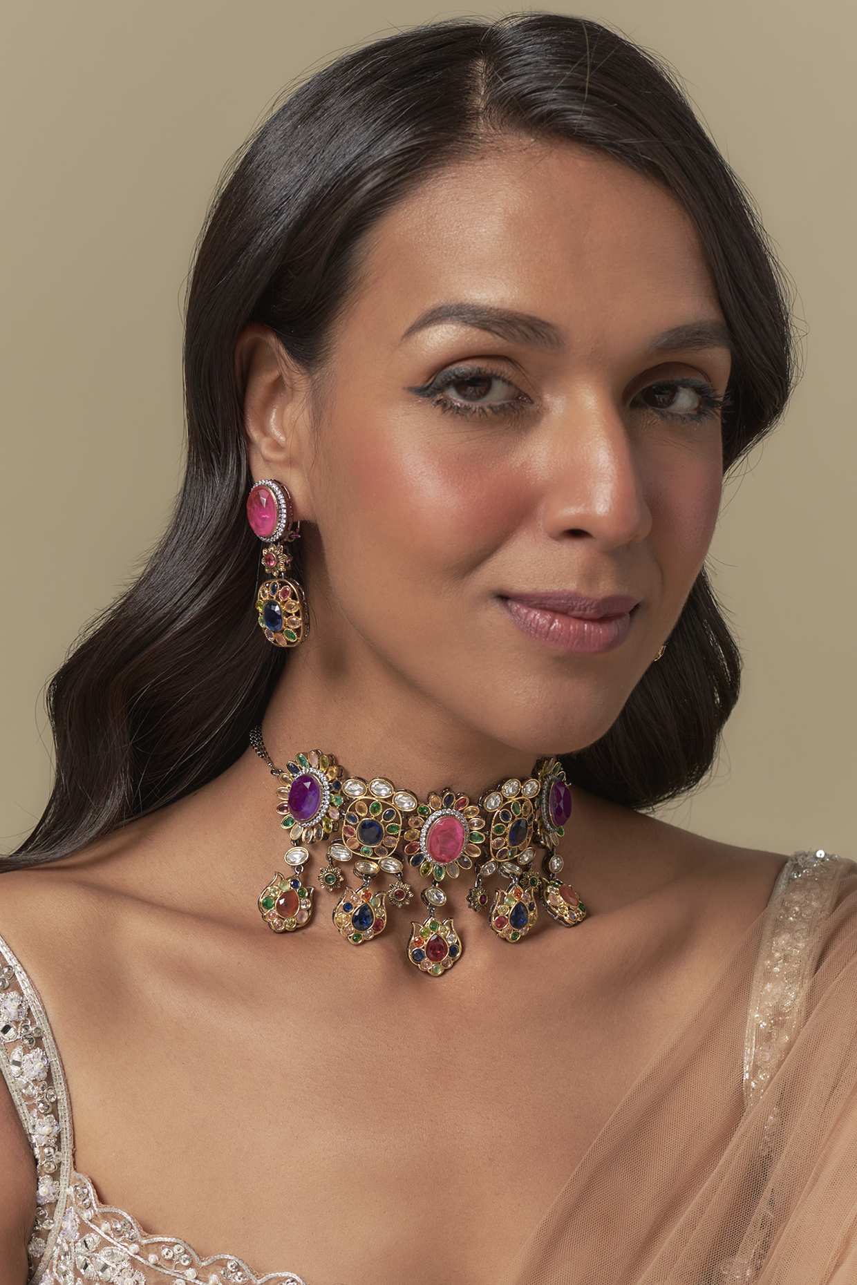 Gold Finish Ruby & Emerald Choker Necklace Set by Moh-Maya by Disha Khatri at Pernia's Pop Up Shop