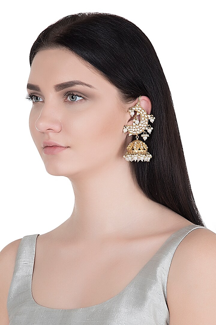 Gold plated stone and kundan moon jhumki earrings by MOH-MAYA BY DISHA KHATRI
