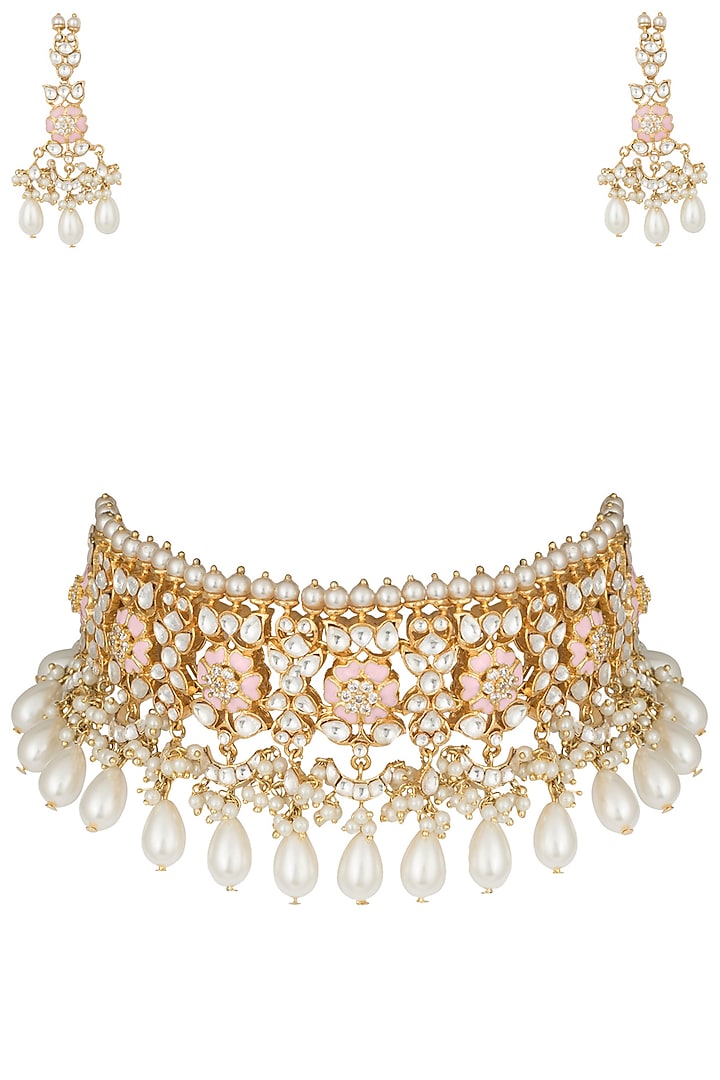 Gold plated rose pink pearl choker necklace set available only at Pernia's Pop Up Shop.
