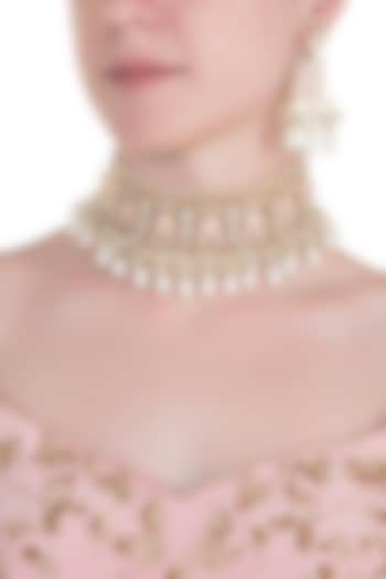 Gold plated rose pink pearl choker necklace set by MOH-MAYA BY DISHA KHATRI
