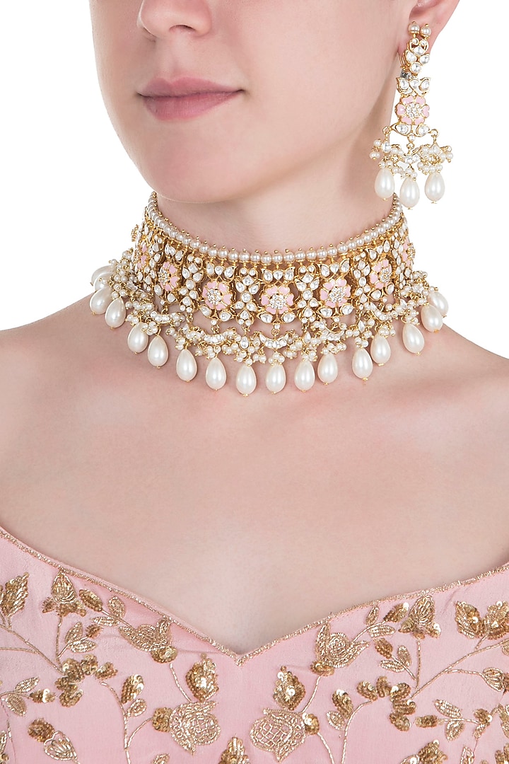 Gold plated rose pink pearl choker necklace set by MOH-MAYA BY DISHA KHATRI