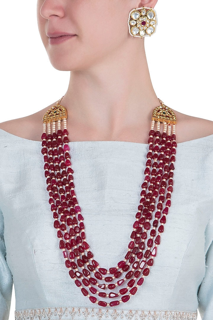 Gold plated 5 layered ruby and pearl necklace set by MOH-MAYA BY DISHA KHATRI
