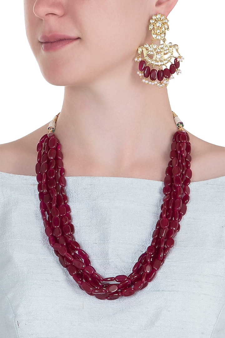 Gold plated ruby necklace set by MOH-MAYA BY DISHA KHATRI