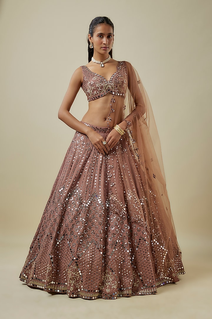 Coffee Brown Raw Silk & Net Mirror Embroidered Wedding Lehenga Set by Mehak Murpana at Pernia's Pop Up Shop