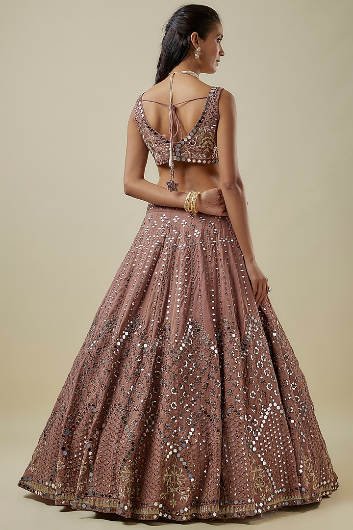 Coffee Brown Raw Silk & Net Mirror Embroidered Wedding Lehenga Set by Mehak Murpana at Pernia's Pop Up Shop