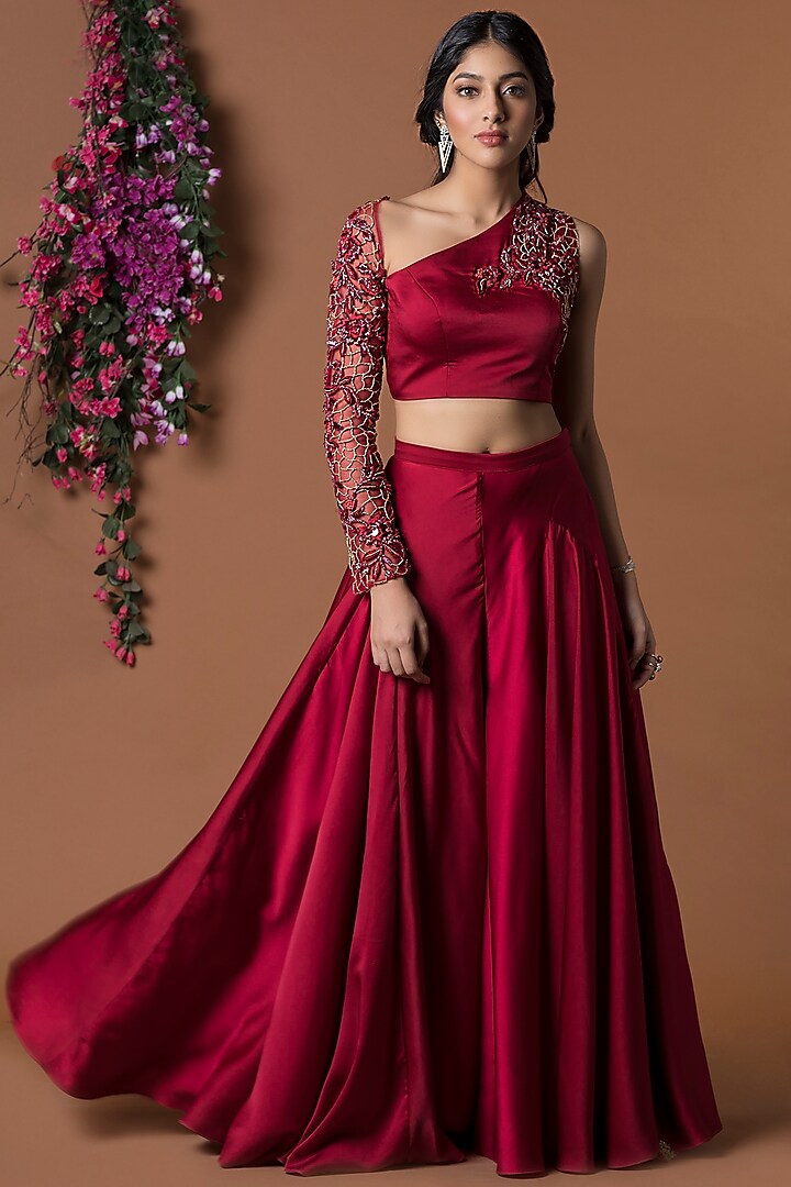 Red Embroidered One Shoulder Crop Top With Pants by Mehak Murpana