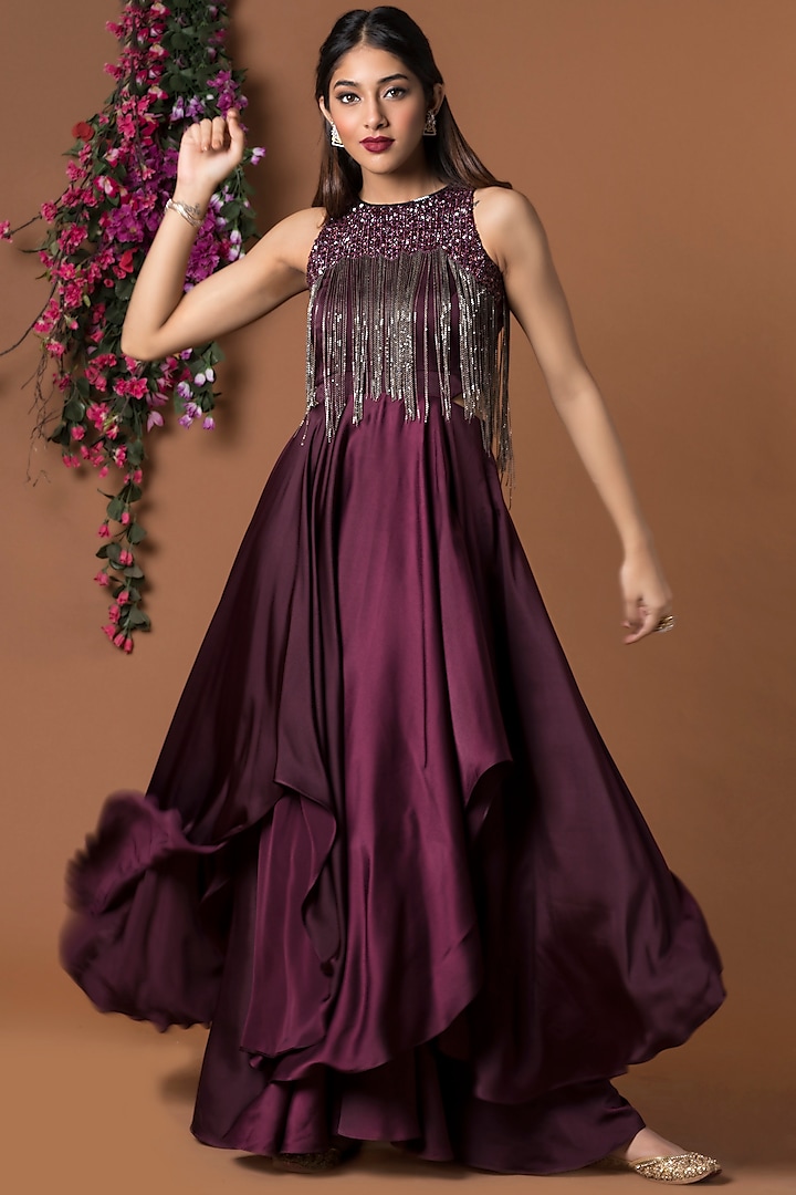 Wine Embellished Gown by Mehak Murpana