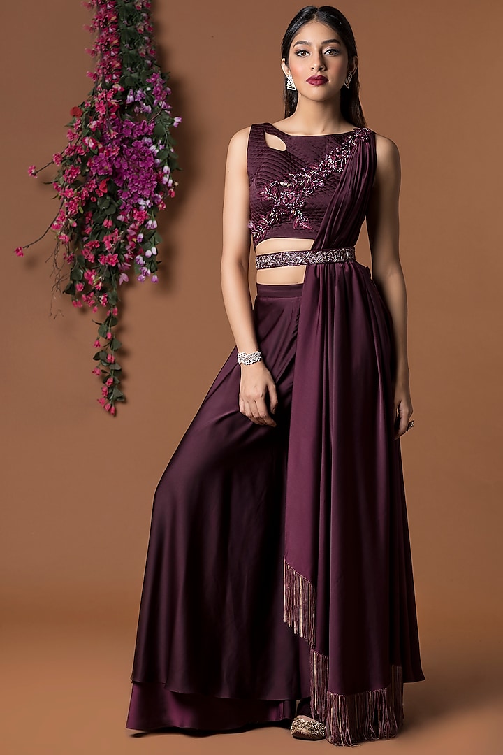 Wine Embroidered Crop Top With Pants & Belt by Mehak Murpana
