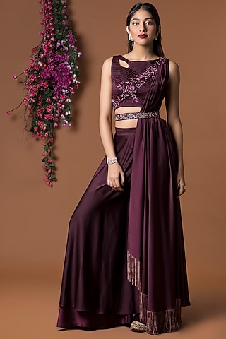 Wine Embroidered Crop Top With Pants & Belt by Mehak Murpana