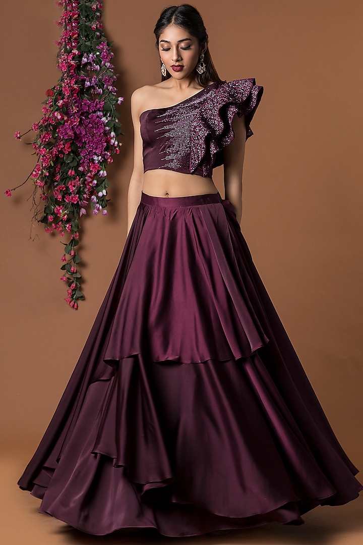 Wine Embellished Crop Top With Layered Skirt by Mehak Murpana