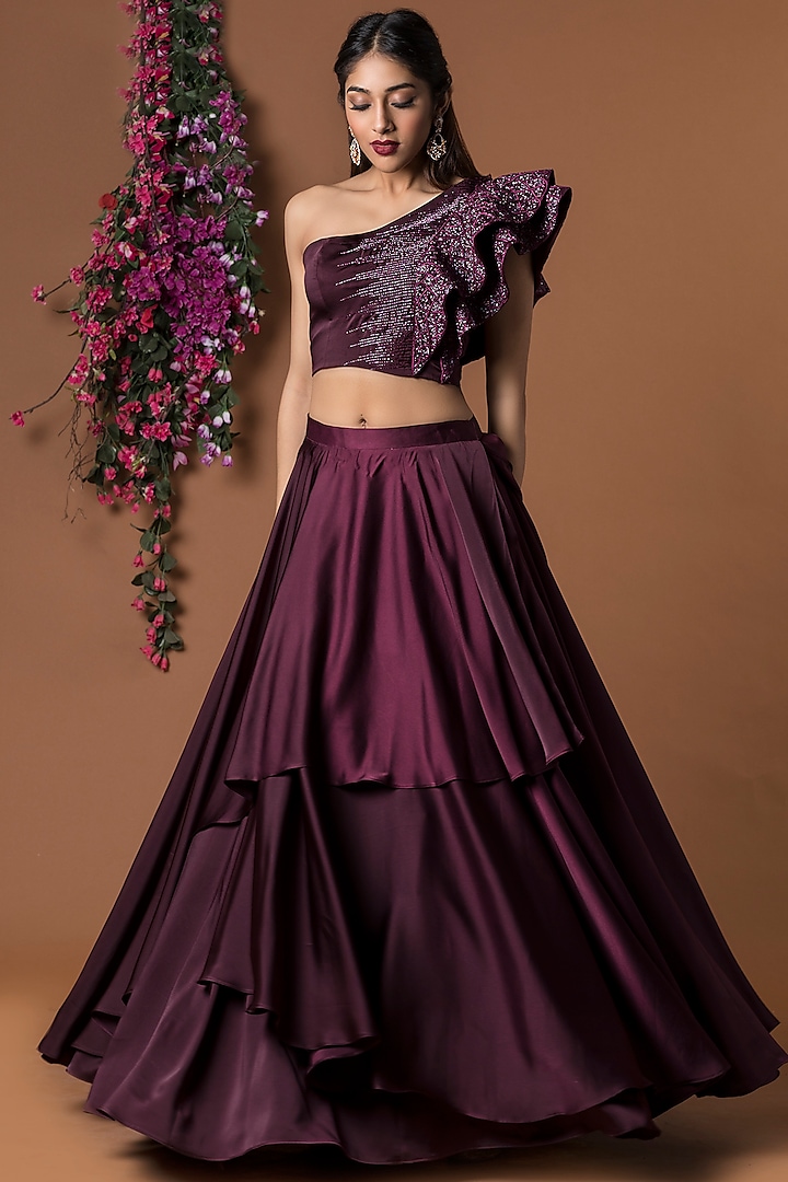 Wine Embellished Crop Top With Layered Skirt by Mehak Murpana at Pernia's Pop Up Shop
