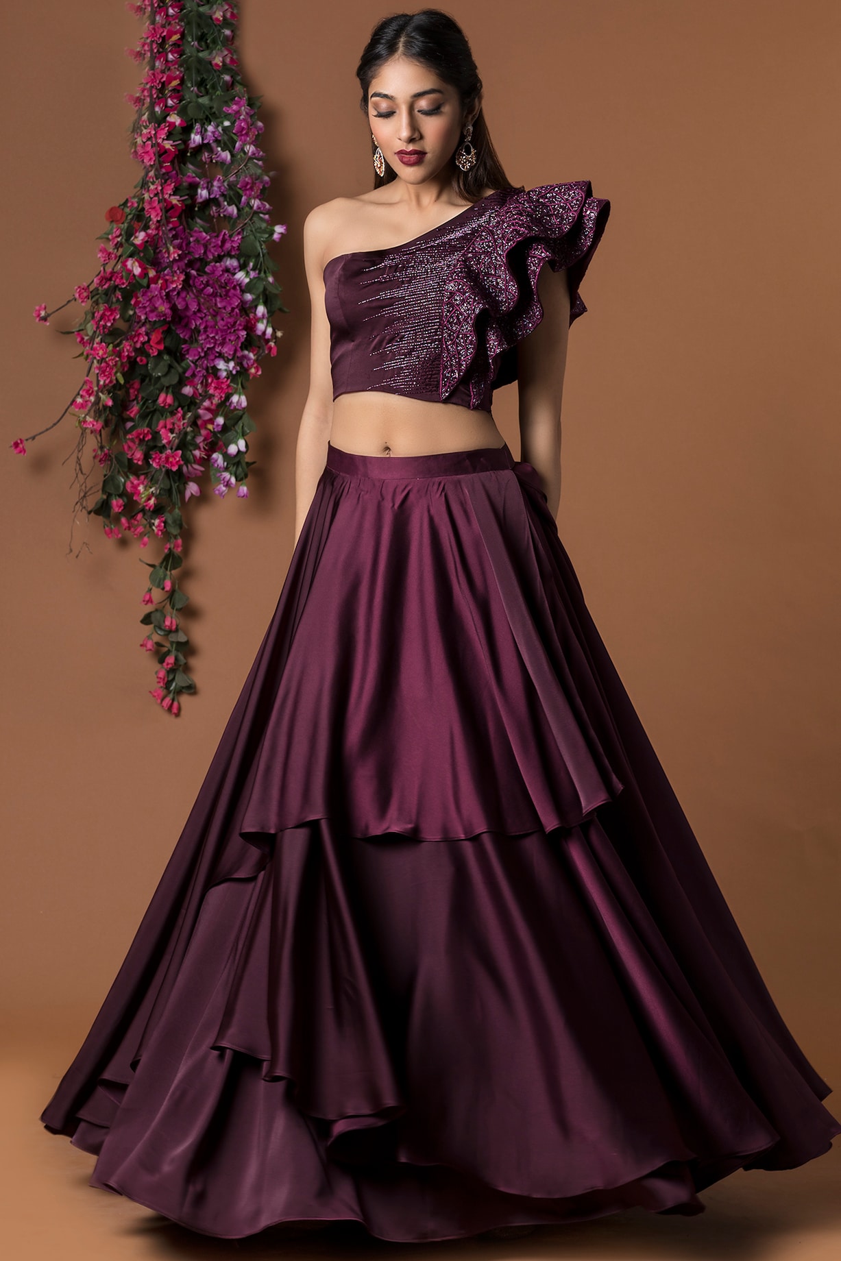 Wine Embellished Crop Top With Layered Skirt by Mehak Murpana at