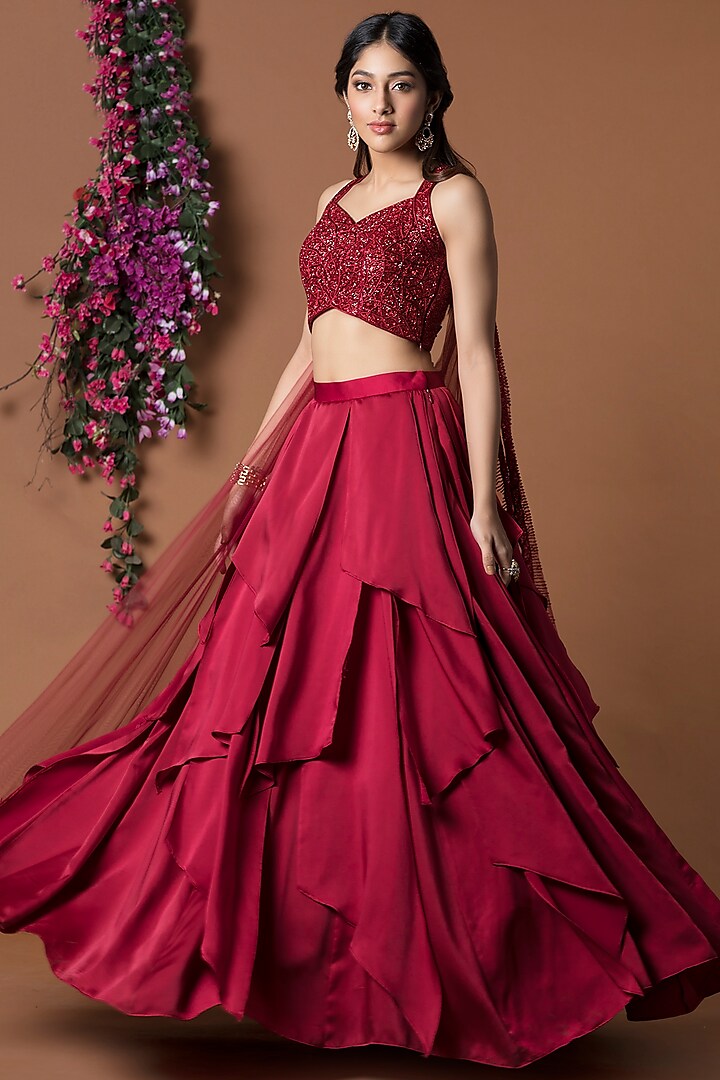 Red Embellished Lehenga Set by Mehak Murpana