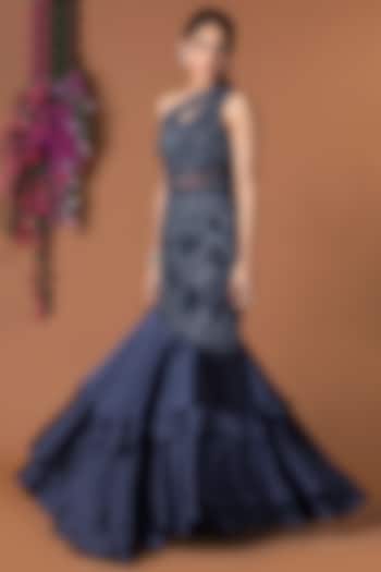 Navy Blue Embellished Fish Cut Gown by Mehak Murpana