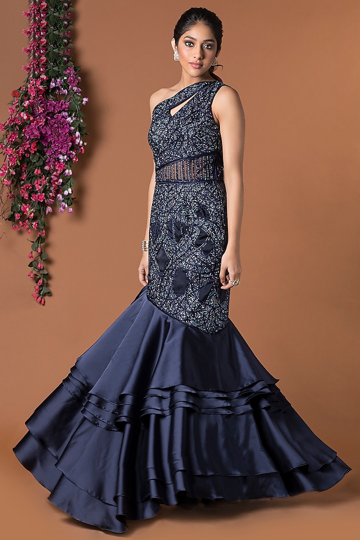 Navy Blue Embellished Fish Cut Gown by Mehak Murpana