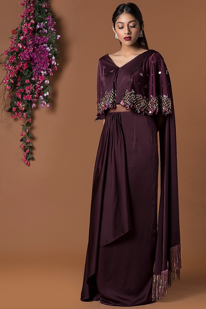 Wine Embellished Pre-Draped Saree Gown by Mehak Murpana