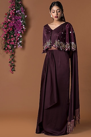 Wine Embellished Pre-Draped Saree Gown by mehak murpana