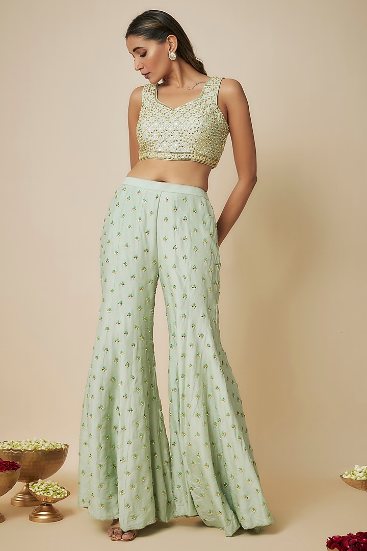 Pista Green Dupion Crepe & Net Embroidered Sharara Reception Saree Set by Mehak Murpana at Pernia's Pop Up Shop