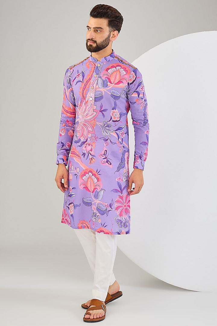 Lilac Cambric Cotton Printed Kurta Set by Mahima Mahajan Men