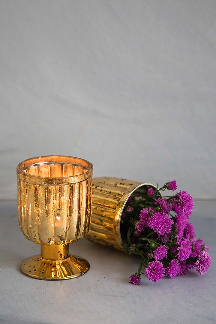 Golden Goblet Candle Holder (Set Of 2) by Chrysante By Gunjan Gupta at Pernia's Pop Up Shop