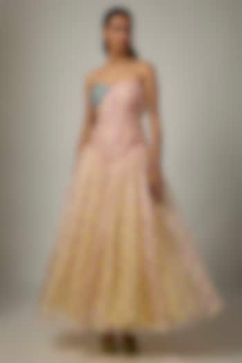 Butter Yellow Silk Organza Printed Strapless Midi Cocktail Dress by MMVM at Pernia's Pop Up Shop
