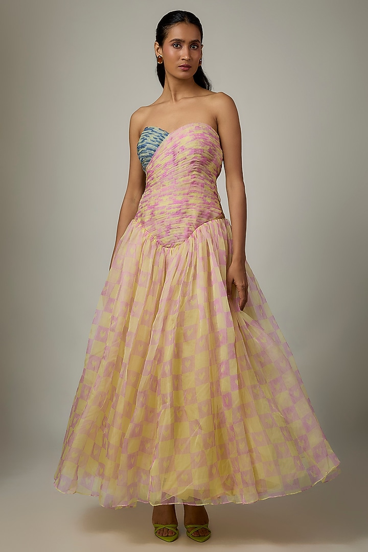 Butter Yellow Silk Organza Printed Strapless Midi Cocktail Dress by MMVM at Pernia's Pop Up Shop