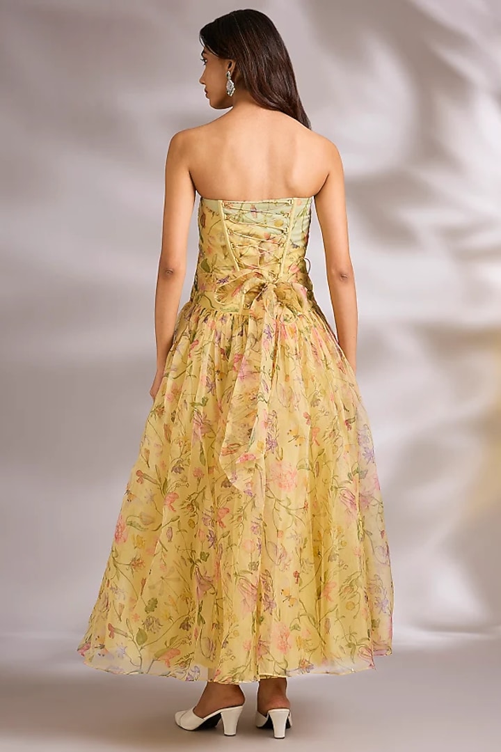 Butter Yellow Poplin Floral Printed Strapless Midi Cocktail Dress by MMVM at Pernia's Pop Up Shop