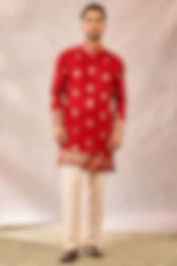Red Jacquard Silk Embroidered Kurta by Masaba Men