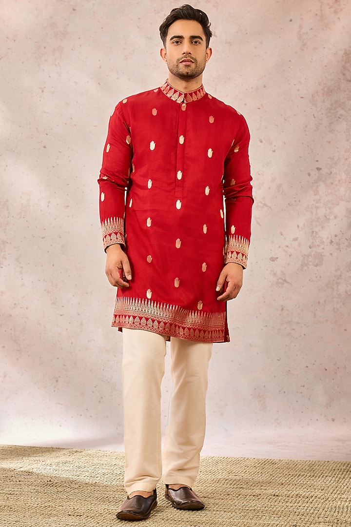 Red Jacquard Silk Embroidered Kurta by Masaba Men