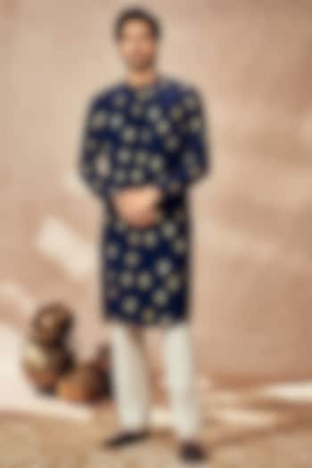 Blue Crepe Silk Foil Printed Kurta Set by Masaba Men at Pernia's Pop Up Shop