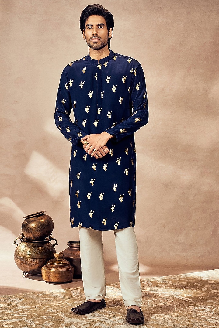 Blue Crepe Silk Foil Printed Kurta Set by Masaba Men at Pernia's Pop Up Shop