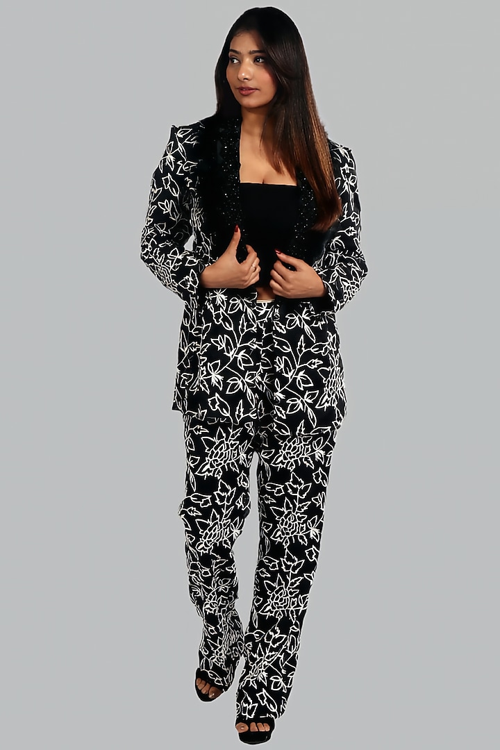 Black Organza Threadwork Blazer Set by Monarch at Pernia's Pop Up Shop